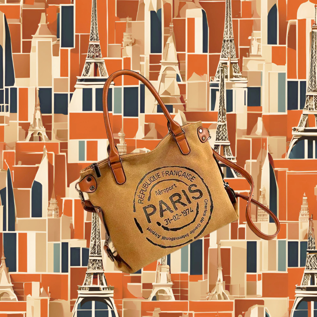 Travel Bag | Large Retro Canvas Vintage Paris Stamp Print with Adjustable Strap and Handle