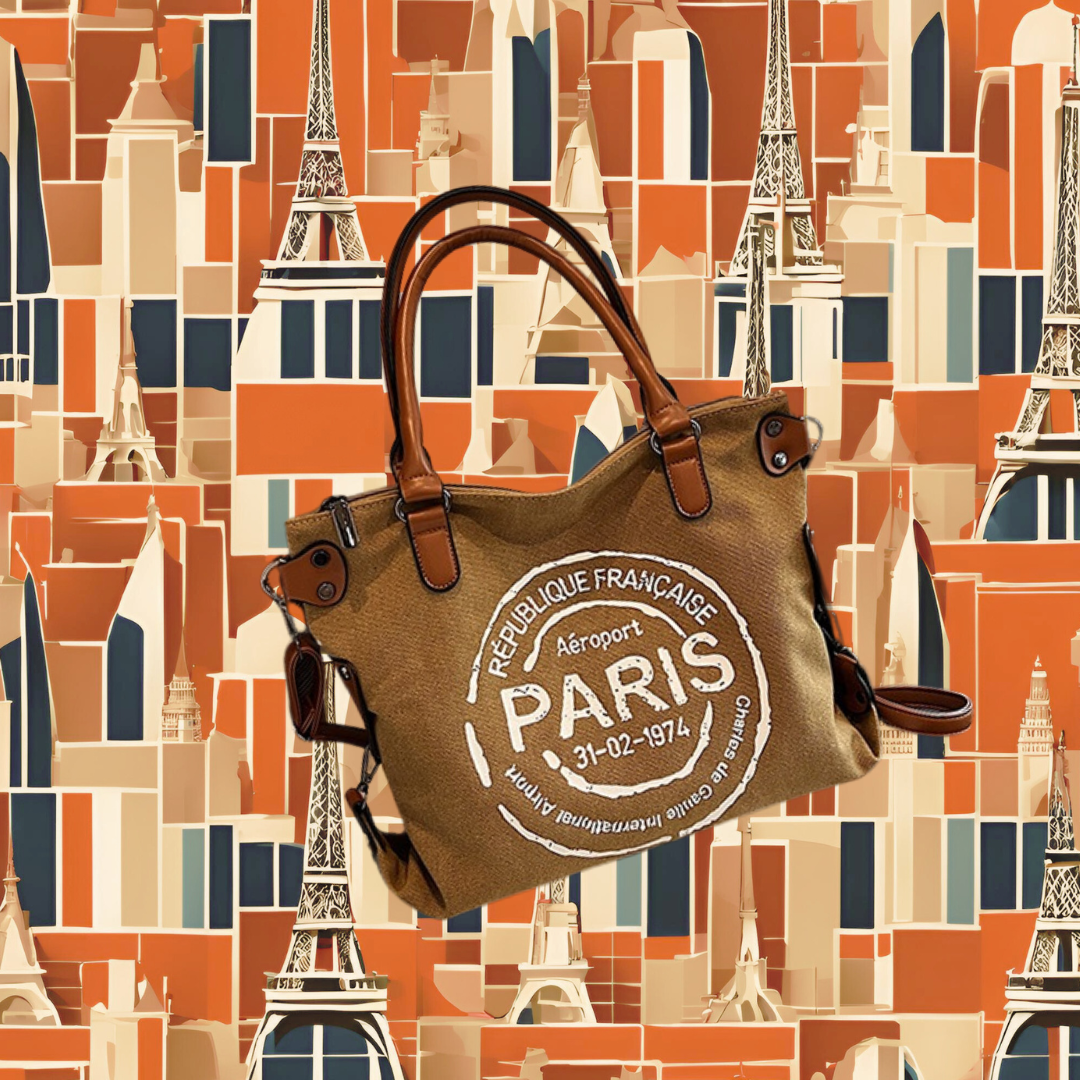 Travel Bag | Large Retro Canvas Vintage Paris Stamp Print with Adjustable Strap and Handle