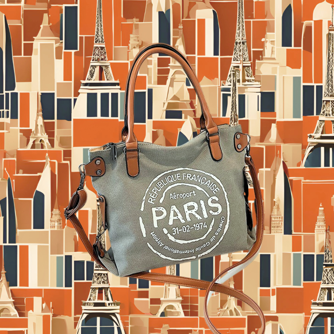 Travel Bag | Large Retro Canvas Vintage Paris Stamp Print with Adjustable Strap and Handle