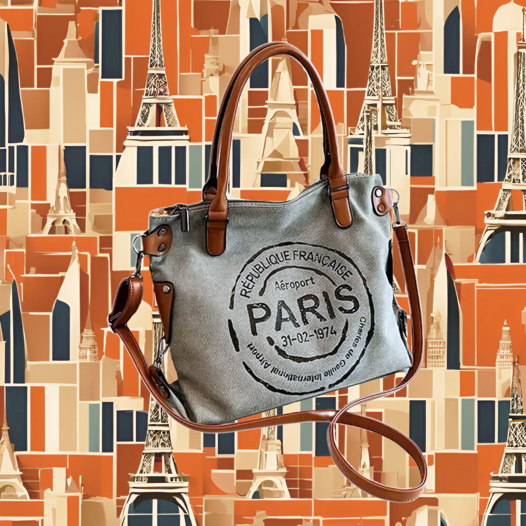 Travel Bag | Large Retro Canvas Vintage Paris Stamp Print with Adjustable Strap and Handle